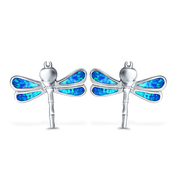 Dragonfly Stud Earring Lab Created Blue Opal Simulated CZ 925 Sterling Silver (16mm)